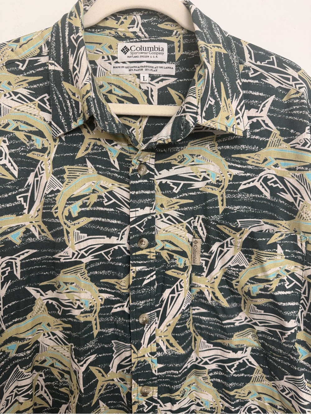 Columbia Men's Green, Tan & White Fish Print Short-Sleeve Button-Up Shirt
